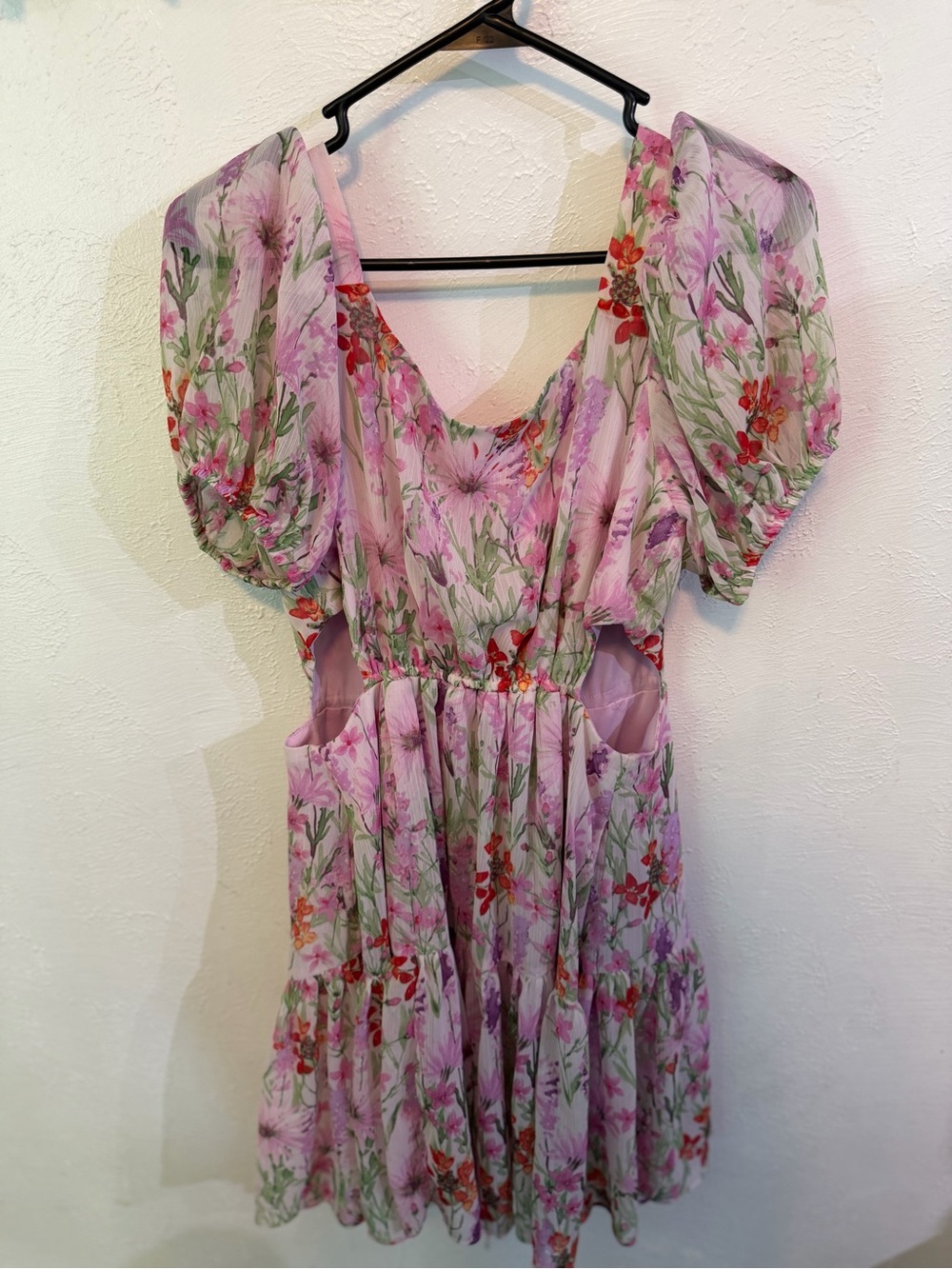 Floral Puff Sleeve Dress with Hip Cut Outs